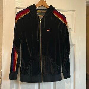 Aviator Nation classic  black rainbow stripe velvet/velour zip up hoodie